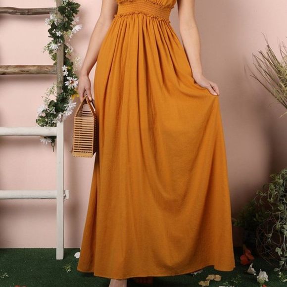 Ninexis Plus Smocking Waist Golden Sun Maxi Dress with Adjustable Strap Size 1X - Picture 9 of 11